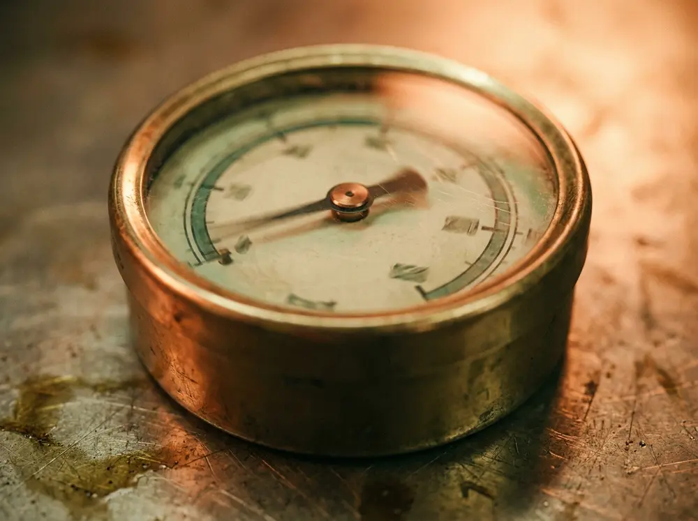 A diagnostic gauge or multimeter mid-reading, warm light accent, illustrative image