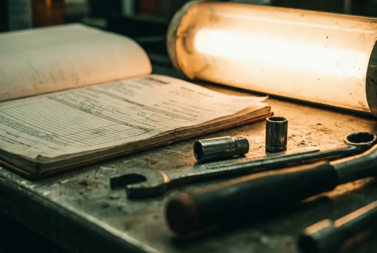 An open paper work order on a metal workbench edge, warm shop light glowing across the upper right of the frame, a wrench and a socket at the lower edge, illustrative image